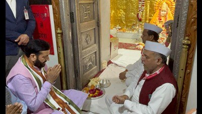 Haryana CM Nayab Singh Saini paying obscene at Mata Mansa Devi Temple on Sunday. (Sant Arora /HT) Haryana CM Nayab Singh Saini paying obscene at Mata Mansa Devi Temple on Sunday. (Sant Arora /HT)