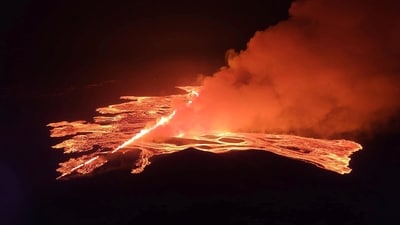 This image from video provided by Iceland Civil Defense shows lava erupting from a volcano between Hagafell and Stóri-Skógfell, Iceland, on Saturday (AP) This image from video provided by Iceland Civil Defense shows lava erupting from a volcano between Hagafell and Stóri-Skógfell, Iceland, on Saturday (AP)
