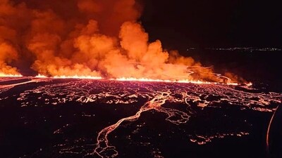 This image provided by Iceland Civil Defense shows lava erupting from a volcano between Hagafell and Stóri-Skógfell, Iceland. Iceland volcano erupts again, Reykjavik's Keflavik Airport remains open while Blue Lagoon Spa closes doors (Photo by Iceland Civil Defense via AP) This image provided by Iceland Civil Defense shows lava erupting from a volcano between Hagafell and Stóri-Skógfell, Iceland. Iceland volcano erupts again, Reykjavik's Keflavik Airport remains open while Blue Lagoon Spa closes doors (Photo by Iceland Civil Defense via AP)