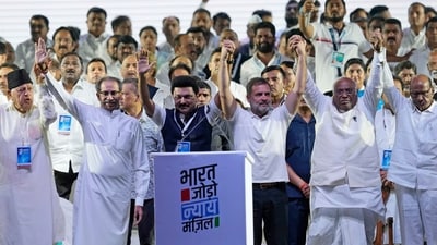 Leaders of the opposition alliance, from left to right, Farooq Abdullah of Jammu & Kashmir National Conference, Uddhav Thackeray of Shivsena (Uddhav Balasaheb Thackeray), Chief Minister of Tamil Nadu M. K. Stalin of Dravida Munnetra Kazhagam, Rahul Gandhi and Mallikarjun Kharge of Indian National Congress, and Sharad Pawar of Nationalist Congress Party (Sharad Pawar) raise their arms in a show of unity at the conclusion of Bharat Jodo Nyay Yatra in Mumbai. (AP)