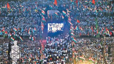 Mumbai, India - March 17, 2024: People gather at Shivaji Park ground for the Congress-led Opposition's I.N.D.I.A bloc is convening a rally in Mumbai, India, on Sunday, March 17, 2024. (Photo by Satish Bate/ Hindustan Times) (Hindustan Times) Mumbai, India - March 17, 2024: People gather at Shivaji Park ground for the Congress-led Opposition's I.N.D.I.A bloc is convening a rally in Mumbai, India, on Sunday, March 17, 2024. (Photo by Satish Bate/ Hindustan Times) (Hindustan Times)