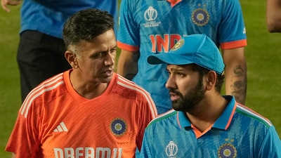 India's head coach Rahul Dravid with skipper Rohit Sharma after the ICC Men's Cricket World Cup 2023 final (PTI)