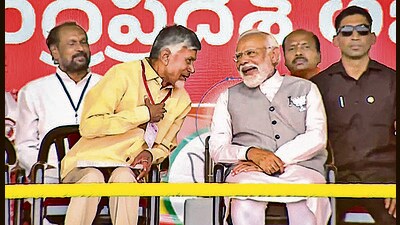 Prime Minister Narendra Modi with TDP chief N Chandrababu Naidu in Palnadu on Sunday. (PTI) Prime Minister Narendra Modi with TDP chief N Chandrababu Naidu in Palnadu on Sunday. (PTI)