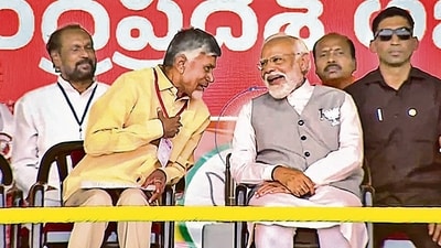 Prime Minister Narendra Modi with TDP chief N Chandrababu Naidu in Palnadu on Sunday. (PTI) (HT_PRINT) Prime Minister Narendra Modi with TDP chief N Chandrababu Naidu in Palnadu on Sunday. (PTI) (HT_PRINT)