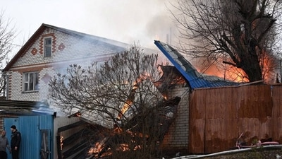 A house burns in the aftermath of shelling, of what local authorities called a Ukrainian missile attack, in the course of the Russia-Ukraine conflict in Belgorod, Russia. (Reuters)