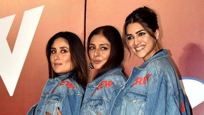 Kareena Kapoor Khan, Tabu and Kriti Sanon pose during the trailer launch of their upcoming film Crew in Mumbai on Saturday. (Girish Srivastav) Kareena Kapoor Khan, Tabu and Kriti Sanon pose during the trailer launch of their upcoming film Crew in Mumbai on Saturday. (Girish Srivastav)