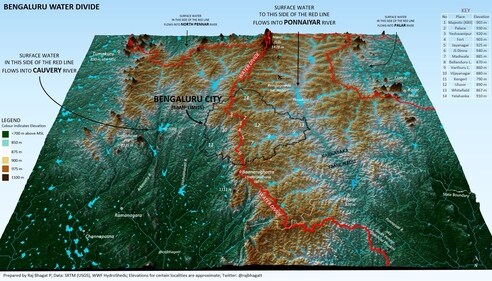 Figure 1: The city is placed on the top of a ridge between the Cauvery and the Dakshina Pinakini (also known as Ponnaiyar) watersheds. (Raj Palanichamy) Figure 1: The city is placed on the top of a ridge between the Cauvery and the Dakshina Pinakini (also known as Ponnaiyar) watersheds. (Raj Palanichamy)