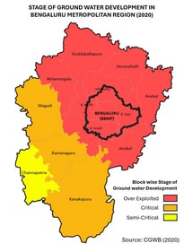 Figure 2: All the blocks in the Bengaluru Urban and Bengaluru Rural districts are classified as overexploited by the Central Ground Water Board (Raj Palanichamy) Figure 2: All the blocks in the Bengaluru Urban and Bengaluru Rural districts are classified as overexploited by the Central Ground Water Board (Raj Palanichamy)