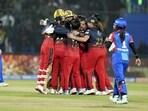RCB players celebrate their win in the WPL-T20 final match against Delhi Capitals at the Arun Jaitley Stadium(PTI)