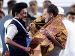 Congress leader Rahul Gandhi with Tamil Nadu Chief Minister and DMK leader M K Stalin during a rally at the conclusion of the Bharat Jodo Nyay Yatra, in Mumbai, Sunday, March 17, 2024. ((PTI Photo/Shashank Parade))
