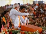 Shivamogga: Prime Minister Narendra Modi waves at supporters during an election rally ahead of Lok Sabha polls, in Shivamogga, Monday, March 18, 2024. 