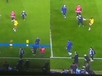 Michy Batshuayi attempted a spinning high kick on a pitch invader. Michy Batshuayi attempted a spinning high kick on a pitch invader.