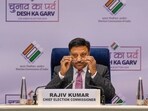 New Delhi: Chief election commissioner Rajiv Kumar flanked by Election Commissioners Gyanesh Kumar (L) and SS Sandhu during a press conference to announce the schedule for General Elections 2024, in New Delhi, Saturday, March 16, 2024. (PTI Photo/Vijay Verma) (PTI)