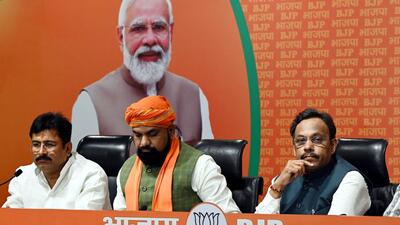 (L-R) Lok Janshakti Party (Ramvilas) leader Raju Tiwari, Bihar deputy chief minister Samrat Chaudhary and BJP general secretary Vinod Tawde in Delhi on Monday. (Arvind Yadav/HT) (L-R) Lok Janshakti Party (Ramvilas) leader Raju Tiwari, Bihar deputy chief minister Samrat Chaudhary and BJP general secretary Vinod Tawde in Delhi on Monday. (Arvind Yadav/HT)