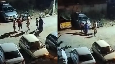 People in Bengaluru assaulting a couple over a parking space. (X/@AnaghaDeshpand6) People in Bengaluru assaulting a couple over a parking space. (X/@AnaghaDeshpand6)