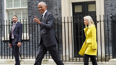 Former US president Barack Obama followed by United States ambassador to the United Kingdom Jane Hartley, leave following a meeting at 10 Downing Street, London, Monday March 18, 2024. (Stefan Rousseau/PA via AP) (AP)