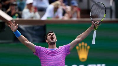 Carlos Alcaraz of Spain celebrates match point against Daniil Medvedev in the men's final during the Indian Wells Tennis on March 17. (AFP) Carlos Alcaraz of Spain celebrates match point against Daniil Medvedev in the men's final during the Indian Wells Tennis on March 17. (AFP)