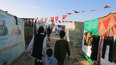 Decorations for Ramadan at a temporary camp for displaced Palestinians west of Deir al-Balah, Gaza, (Bloomberg)