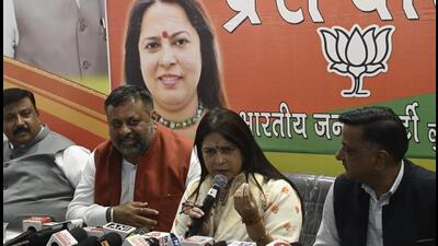 Minister of state for external affairs and BJP leader Meenakshi Lekhi interacting with the media in Ludhiana on Monday. (Gurpreet Singh/HT)