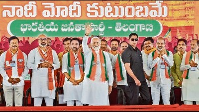 Prime Minister Narendra Modi at a public meeting in Jagtial on Monday. (PTI) Prime Minister Narendra Modi at a public meeting in Jagtial on Monday. (PTI)