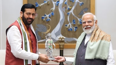 Prime Minister Narendra Modi being presented a memento by Haryana chief minister Nayab Singh Saini on Thursday. (PTI) Prime Minister Narendra Modi being presented a memento by Haryana chief minister Nayab Singh Saini on Thursday. (PTI)