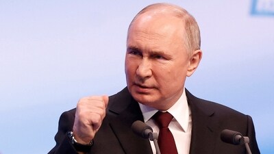 Russian presidential candidate and incumbent President Vladimir Putin speaks after polling stations closed, in Moscow, Russia, March 18, 2024. (Reuters)