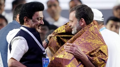Congress leader Rahul Gandhi with Tamil Nadu Chief Minister and DMK leader M K Stalin during a rally at the conclusion of the Bharat Jodo Nyay Yatra, in Mumbai, Sunday, March 17, 2024. ((PTI Photo/Shashank Parade)) Congress leader Rahul Gandhi with Tamil Nadu Chief Minister and DMK leader M K Stalin during a rally at the conclusion of the Bharat Jodo Nyay Yatra, in Mumbai, Sunday, March 17, 2024. ((PTI Photo/Shashank Parade))