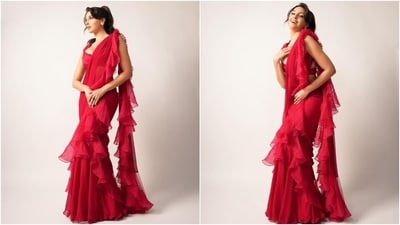 Nora styled the ensemble with statement rings, high heels, and floral-shaped earrings. Lastly, a side-parted ponytail, silver eye shadow, winged eyeliner, mascara on the lashes, nude pink lip shade, rouge on the cheeks, feathered brows, and nude nail paint completed the glam picks with the saree. (Instagram) Nora styled the ensemble with statement rings, high heels, and floral-shaped earrings. Lastly, a side-parted ponytail, silver eye shadow, winged eyeliner, mascara on the lashes, nude pink lip shade, rouge on the cheeks, feathered brows, and nude nail paint completed the glam picks with the saree. (Instagram)