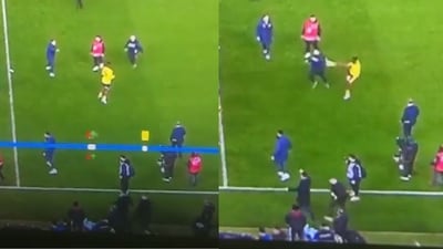Michy Batshuayi attempted a spinning high kick on a pitch invader. Michy Batshuayi attempted a spinning high kick on a pitch invader.