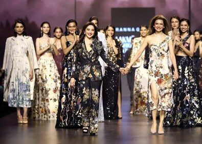 Madhuri Dixit Nene walks the ramp with designer Ranna Gill. (ANI) Madhuri Dixit Nene walks the ramp with designer Ranna Gill. (ANI)