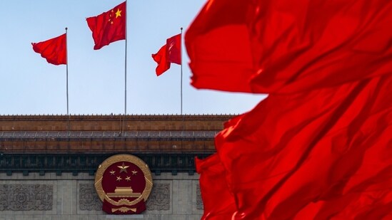 A Chinese national flag at the Great Hall of the People following the closing of the Second Session of the 14th National People's Congress (NPC) in Beijing, China, on Monday, March 11, 2024. (Bloomberg)