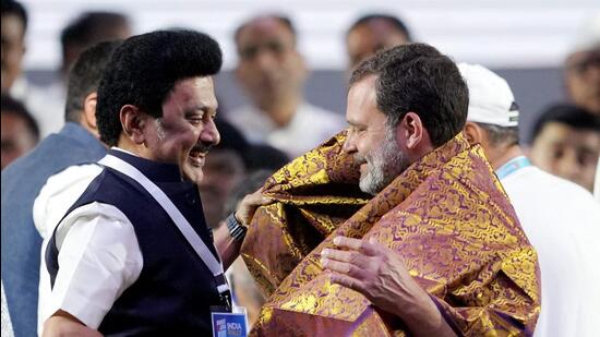 DMK chief MK Stalin with Congress leader Rahul Gandhi in Mumbai on Sunday. (PTI)