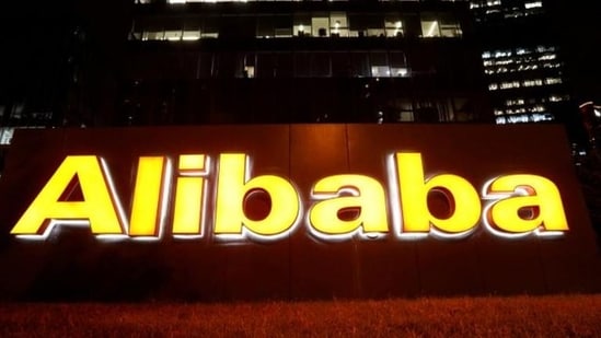 The Alibaba Group logo is lit up at its office building in Beijing, China. (Reuters)