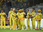 Chennai Super Kings captain MS Dhoni with teammates during the IPL 2023 match 