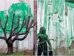 Banksy used green paint and sprayed across the side of a building to imitate the leaves of a heavily pruned tree. The artwork was first visible on Sunday - St Patrick's Day. 