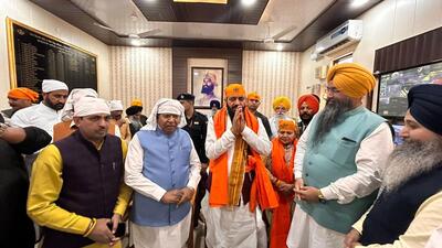 Haryana chief minister Nayab Singh Saini (centre) flanked by Speaker Gian Chand Gupta and Ambala BJP Lok Sabha candidate Banto Kataria after paying obeisance at Nada Sahib Gurdwara in Panchkula on Tuesday. (Sant Arora/HT) Haryana chief minister Nayab Singh Saini (centre) flanked by Speaker Gian Chand Gupta and Ambala BJP Lok Sabha candidate Banto Kataria after paying obeisance at Nada Sahib Gurdwara in Panchkula on Tuesday. (Sant Arora/HT)