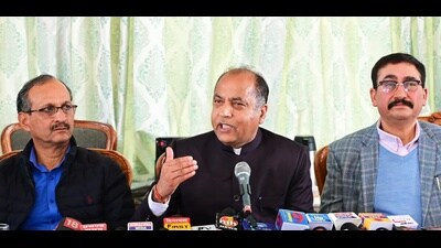 Himachal Pradesh LoP Jairam Thakur addresses the media in Shimla on Tuesday. (Deepak Sansta/HT)