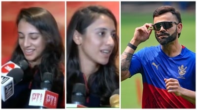 Speaking to reporters, Smriti Mandhana shut down an unwanted Virat Kohli question (PTI-X (screengrab)) Speaking to reporters, Smriti Mandhana shut down an unwanted Virat Kohli question (PTI-X (screengrab))