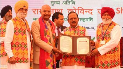 National security adviser Ajit Doval (centre) being awarded the doctorate degree in literature (D Litt) by former President Ram Nath Kovind at Central University of Punjab in Bathinda on Tuesday. (Sanjeev Kumar/HT) National security adviser Ajit Doval (centre) being awarded the doctorate degree in literature (D Litt) by former President Ram Nath Kovind at Central University of Punjab in Bathinda on Tuesday. (Sanjeev Kumar/HT)