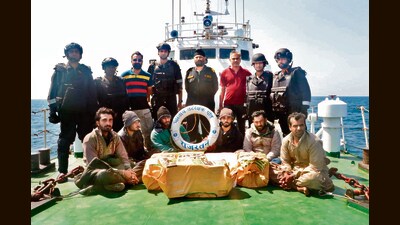 On March 12, six Pakistani men, mules for the Haji Salim cartel, were captured by a joint team of the Narcotics Control Bureau (NCB), the Indian Coast Guard and the Gujarat ATS near the Gujarat coast. (Indian Coast Guard) On March 12, six Pakistani men, mules for the Haji Salim cartel, were captured by a joint team of the Narcotics Control Bureau (NCB), the Indian Coast Guard and the Gujarat ATS near the Gujarat coast. (Indian Coast Guard)