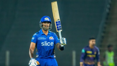 Suryakumar Yadav of Mumbai Indians raises his bat after scoring a half-century, (PTI) Suryakumar Yadav of Mumbai Indians raises his bat after scoring a half-century, (PTI)