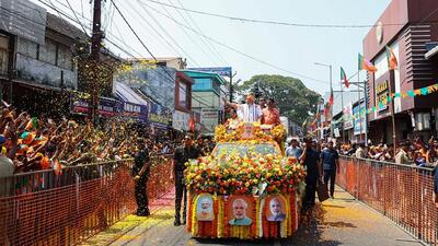 Prime Minister Narendra Modi waves to the supporters while holding a roadshow in Palakkad on Tuesday. (Narendra Modi-X) Prime Minister Narendra Modi waves to the supporters while holding a roadshow in Palakkad on Tuesday. (Narendra Modi-X)
