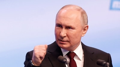 Russian presidential candidate and incumbent President Vladimir Putin speaks after polling stations closed, in Moscow, Russia, March 18, 2024. (Reuters)