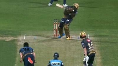 Jasprit Bumrah bowls a brutal bouncer to Andre Russell (Twitter/Screengrab) Jasprit Bumrah bowls a brutal bouncer to Andre Russell (Twitter/Screengrab)