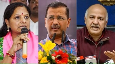 BRS leader K Kavitha, AAP's Arvind Kejriwal and Manish Sisodia. BRS leader K Kavitha, AAP's Arvind Kejriwal and Manish Sisodia.