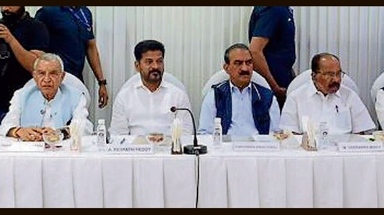 Himachal Pradesh CM Sukhvinder Singh Sukhu with party leaders during the Congress Working Committee meeting in New Delhi on Tuesday. (Source: X)