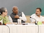 Congress president Mallikarjun Kharge with party leaders Sonia Gandhi and Rahul Gandhi during Congress Working Committee meeting, in New Delhi on Tuesday. (Arvind Yadav/HT)