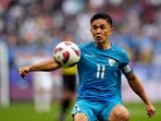 India's Sunil Chhetri controls the ball during the Asian Cup Group B match 