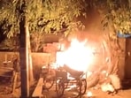 Angry locals set a shop on fire after the incident in Badaun's Baba Colony. 