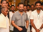 Ilaiyaraaja, Kamal Haasan and Dhanush at the poster launch of the music composer's biopic Ilaiyaraaja, Kamal Haasan and Dhanush at the poster launch of the music composer's biopic